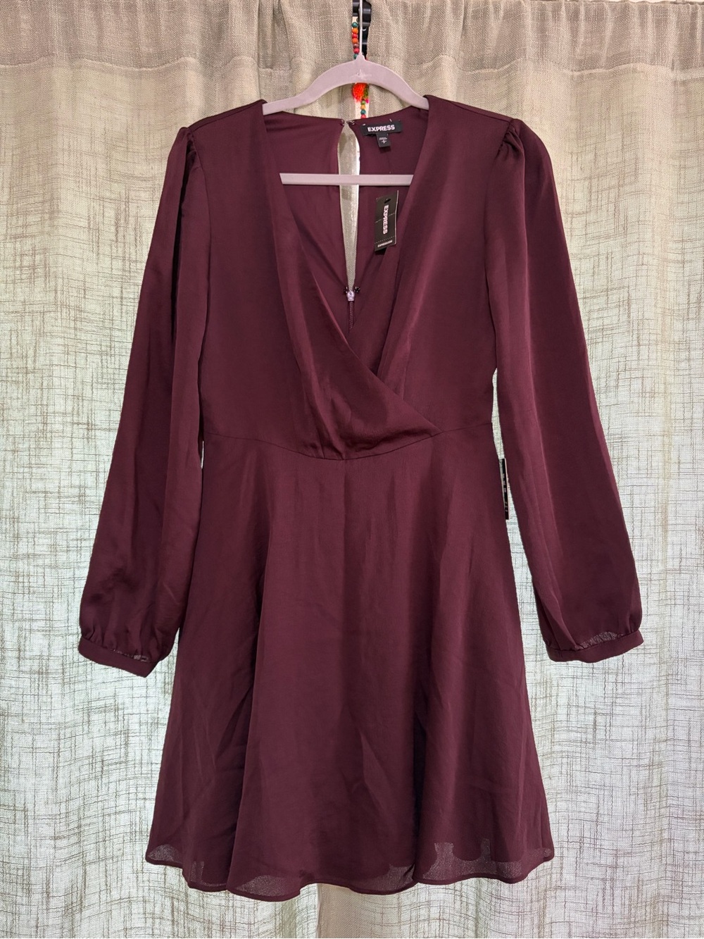 Express Women's Wine Long Sleeve V-Neck Fit & Flare Dress